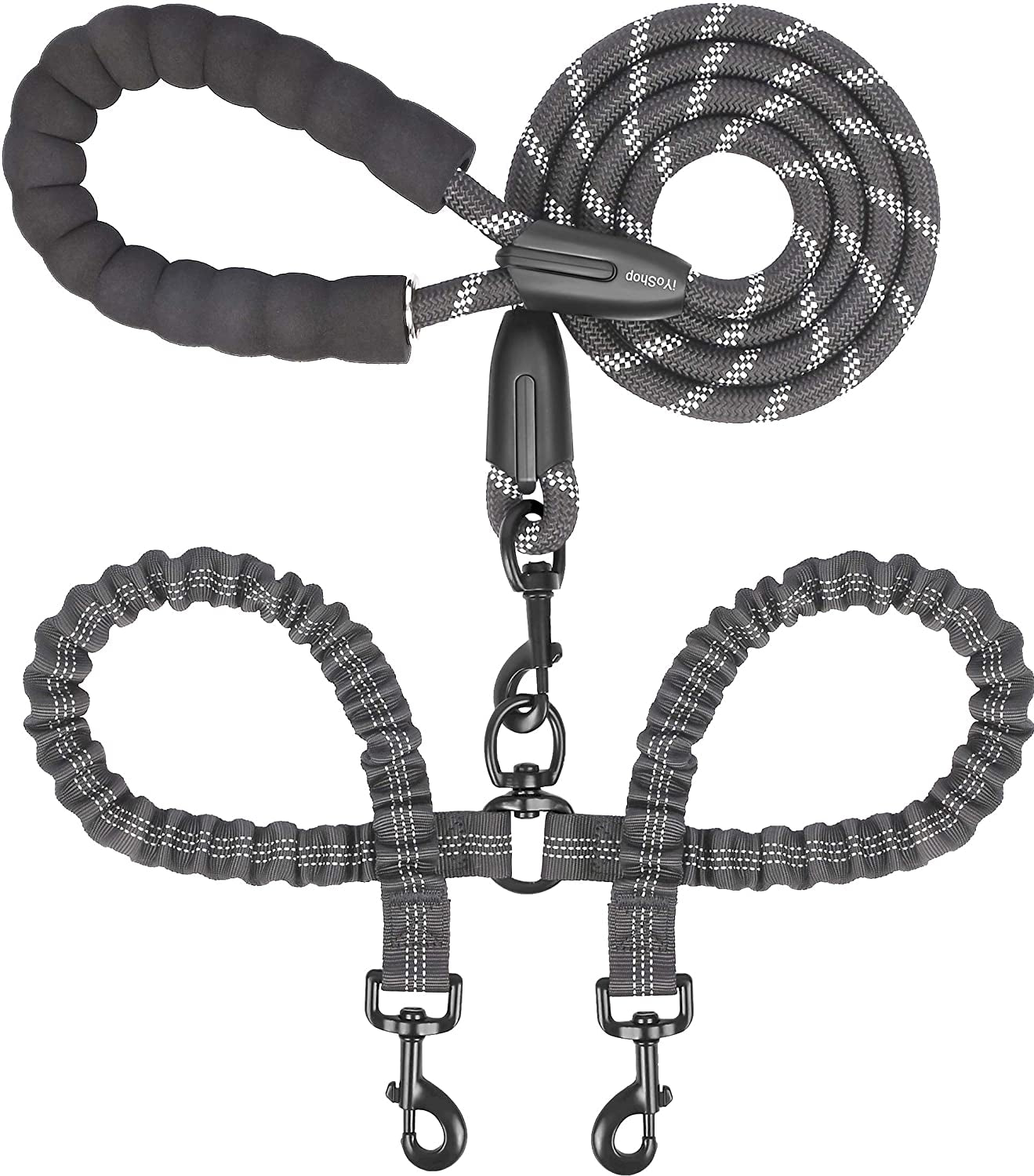 Dual Dog Leash - 360° Swivel, No Tangle Walking Leash with Shock Absorbing Bungee for Two Dogs (Large, 25-150 Lbs, Black)