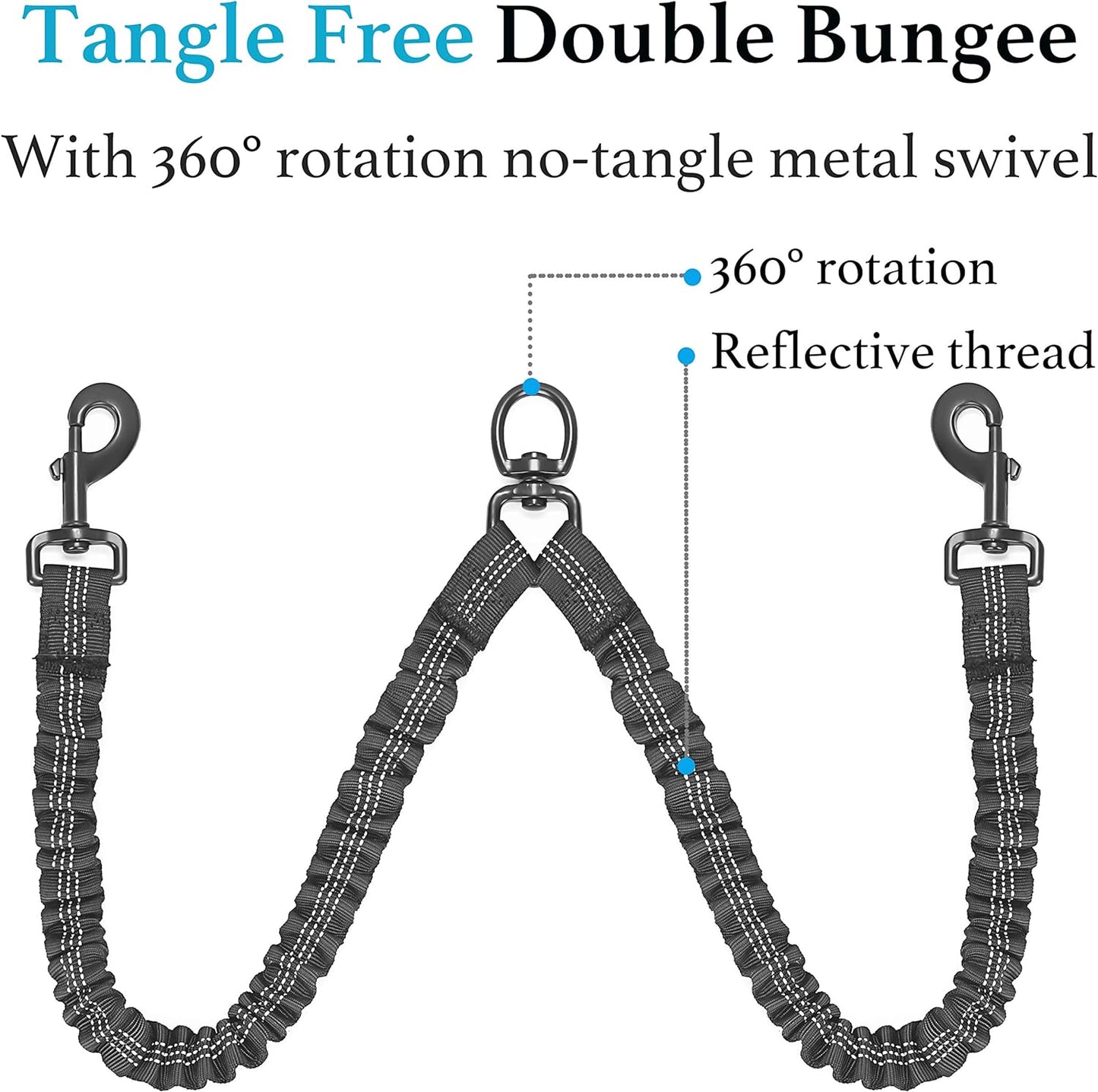 Dual Dog Leash - 360° Swivel, No Tangle Walking Leash with Shock Absorbing Bungee for Two Dogs (Large, 25-150 Lbs, Black)